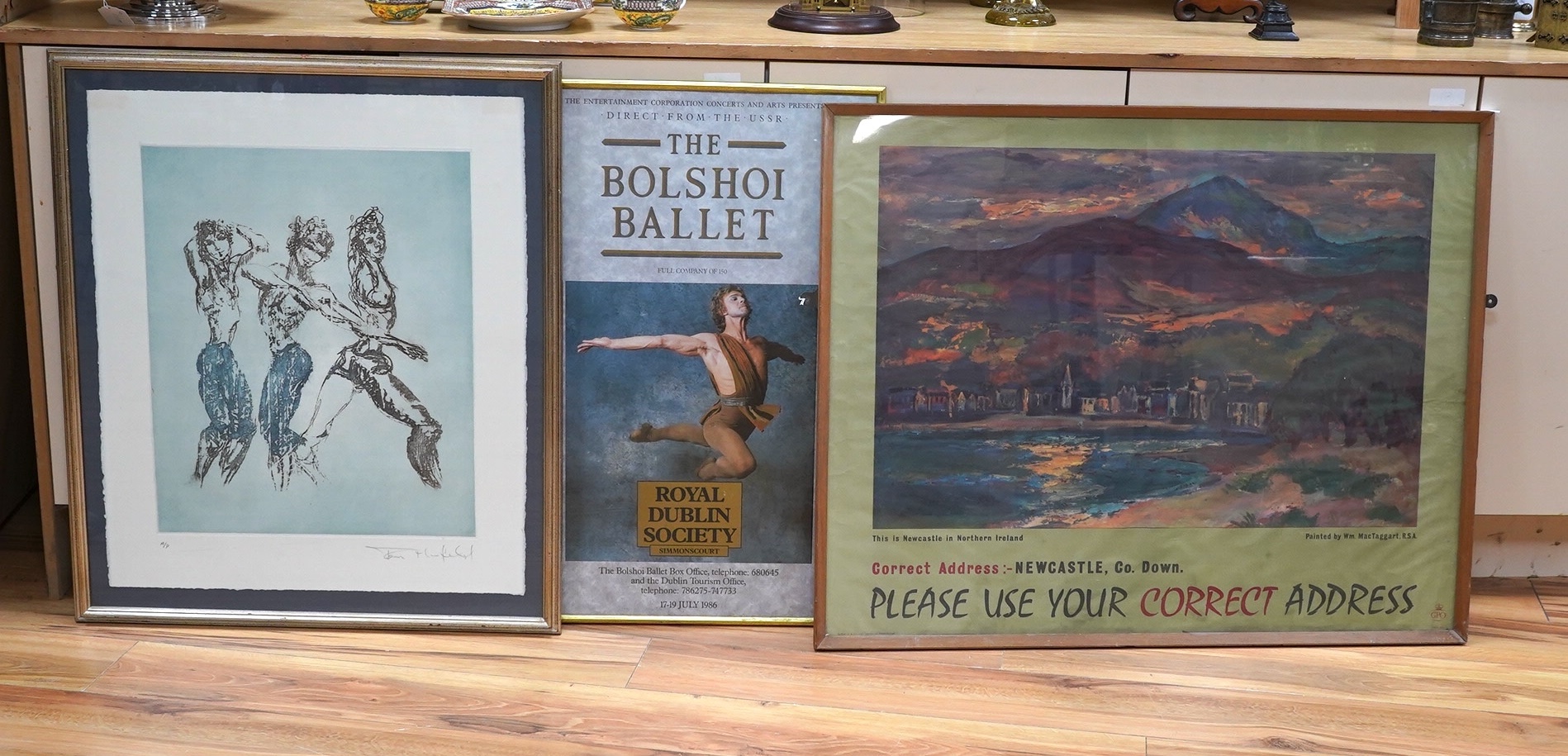 William MacTaggart, framed poster, Northern Ireland together with Tom Merryfield, artists proof print of dancers and a ballet poster. Condition - fair to good (3)